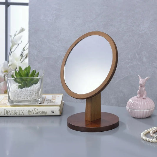 Ore International Round Walnut Frame Vanity Top Pedestal Mirror - Brown