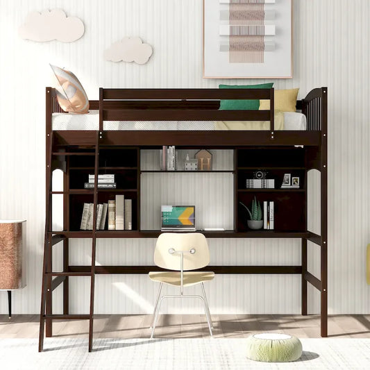 Twin size Loft Bed with Storage Shelves, Desk and Ladder