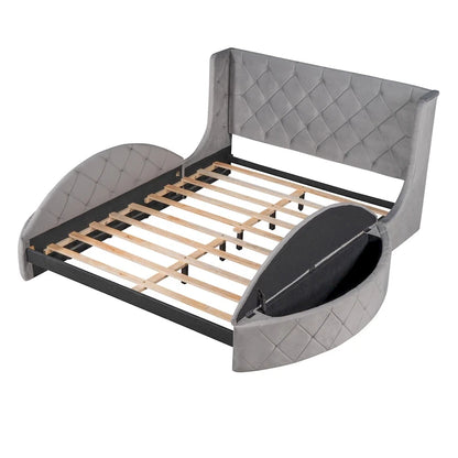 Upholstered Platform Bed Queen Size Storage Velvet Bed with Wingback Headboard and 1 Big Drawer,2 Side Storage Stool(Beige)