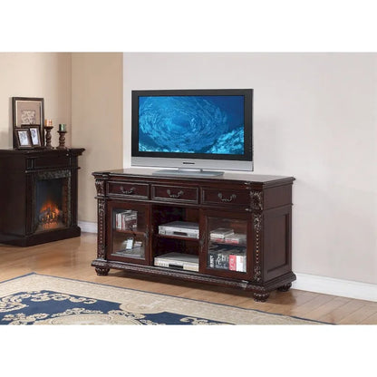 Spacious Poplar Wood TV stand with Traditional Carvings, Brown