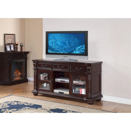 Spacious Poplar Wood TV stand with Traditional Carvings, Brown