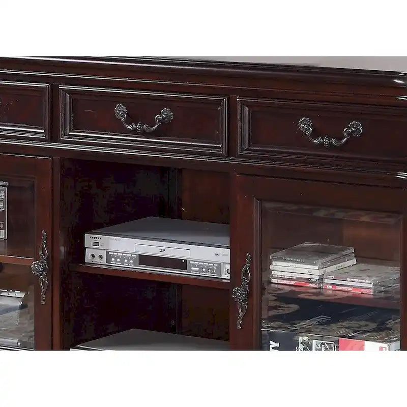 Spacious Poplar Wood TV stand with Traditional Carvings, Brown