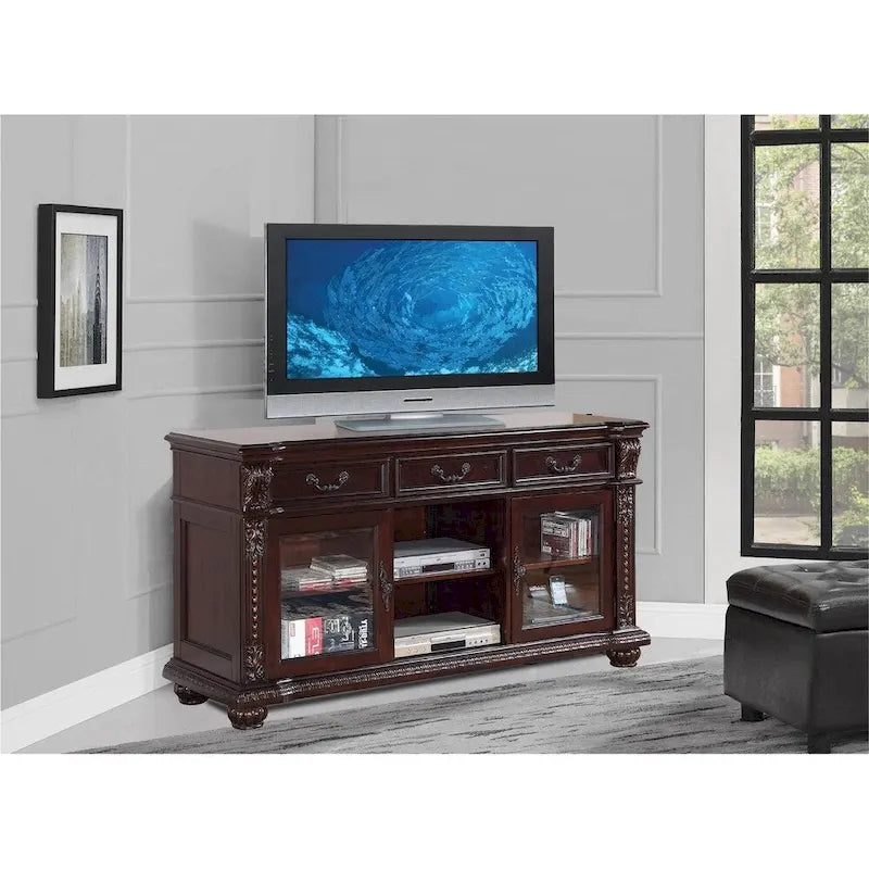 Spacious Poplar Wood TV stand with Traditional Carvings, Brown