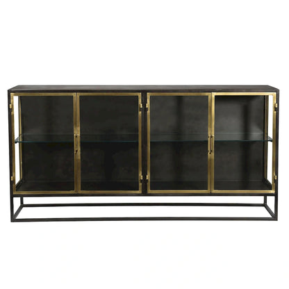 Brynlee 72 Gunmetal and Brass Finished Iron and Glass 4-Door Sideboard