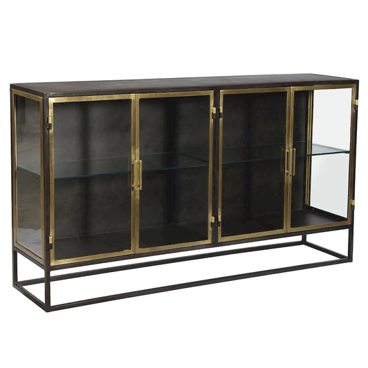 Brynlee 72 Gunmetal and Brass Finished Iron and Glass 4-Door Sideboard