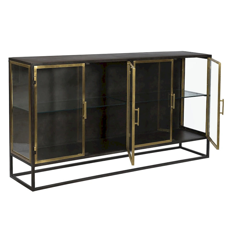 Brynlee 72 Gunmetal and Brass Finished Iron and Glass 4-Door Sideboard