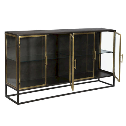 Brynlee 72 Gunmetal and Brass Finished Iron and Glass 4-Door Sideboard