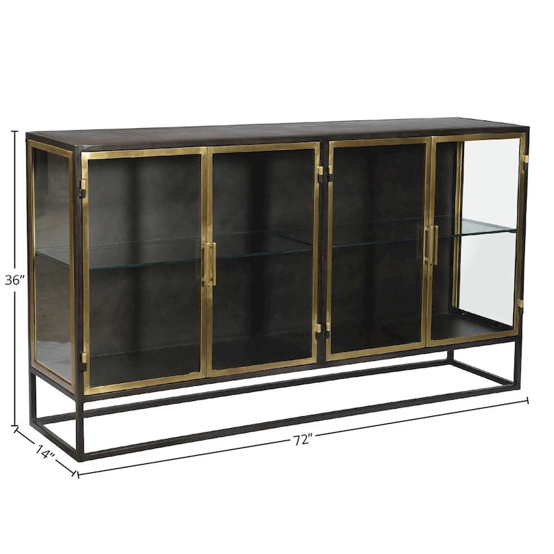 Brynlee 72 Gunmetal and Brass Finished Iron and Glass 4-Door Sideboard