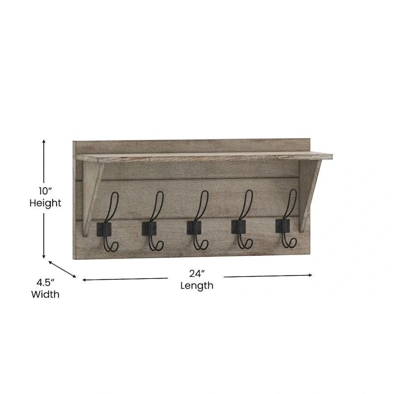 Wall Mounted Storage Rack with Upper Shelf and Storage Hooks