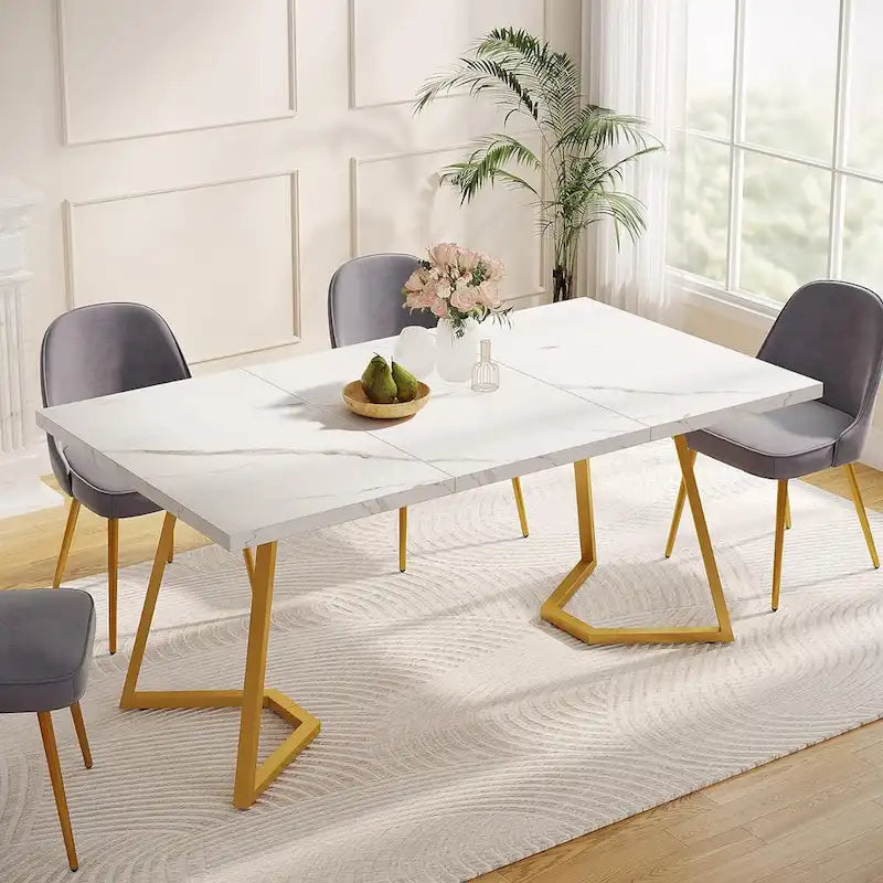 Modern Dining Table, White Faux Marble Small Kitchen Table for Family