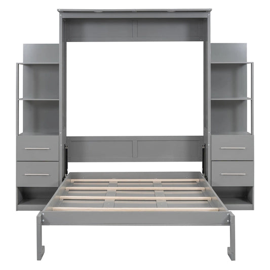 Murphy Bed Wall Bed with Shelves, Drawers and LED Lights