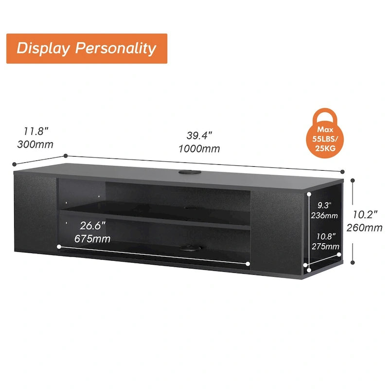 WAMPAT Floating TV Stand Shelf Wall Mounted Entertainment Center Floating Cabinet Media Hutch Under TV, 39 Inch