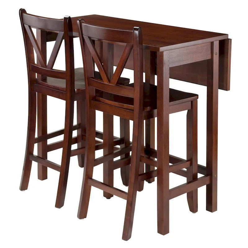 3-Pc Drop Leaf Table with V-Back Counter Stools, Walnut