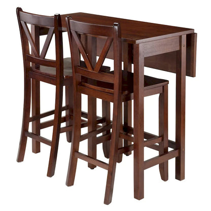 3-Pc Drop Leaf Table with V-Back Counter Stools, Walnut
