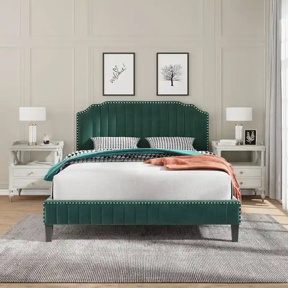 3 Pieces Bedroom Set Modern Linen Curved Upholstered Beige Platform King Bed with Two Black Cherry Nightstands