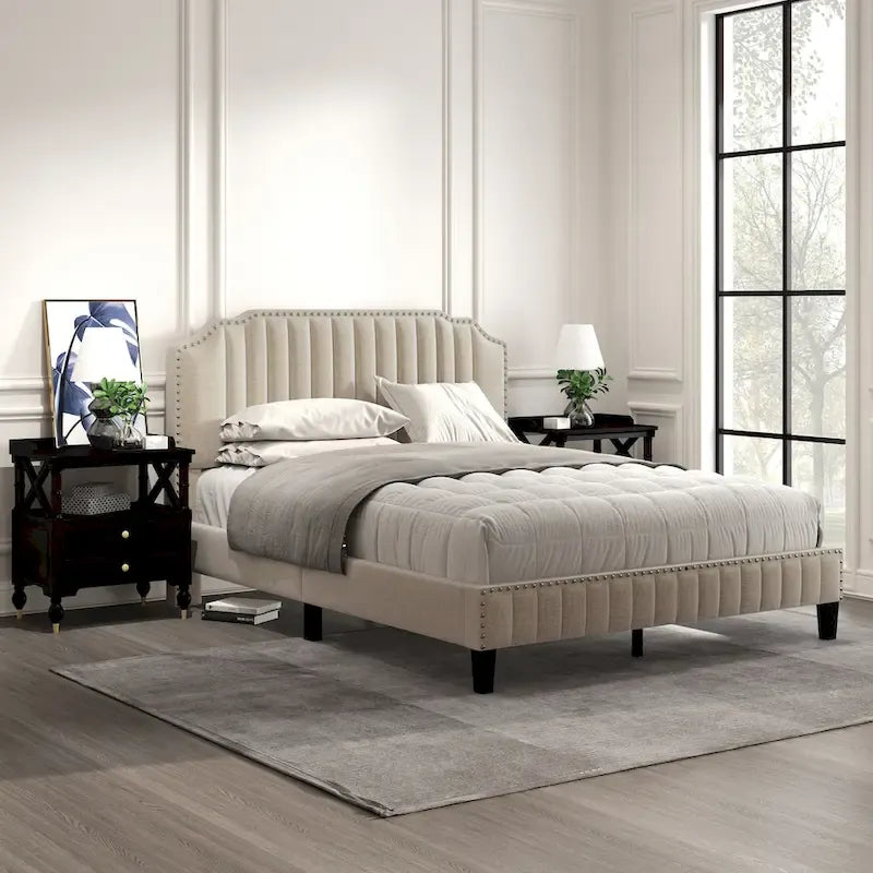 3 Pieces Bedroom Set Modern Linen Curved Upholstered Beige Platform King Bed with Two Black Cherry Nightstands