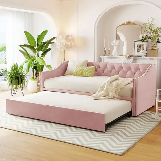 Twin Size Upholstered daybed with Pop Up Trundle, Pink