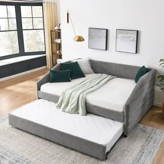 Full Size Daybed with Trundle Upholstered Tufted Sofa Bed, Linen Fabric(82.5x58x34)