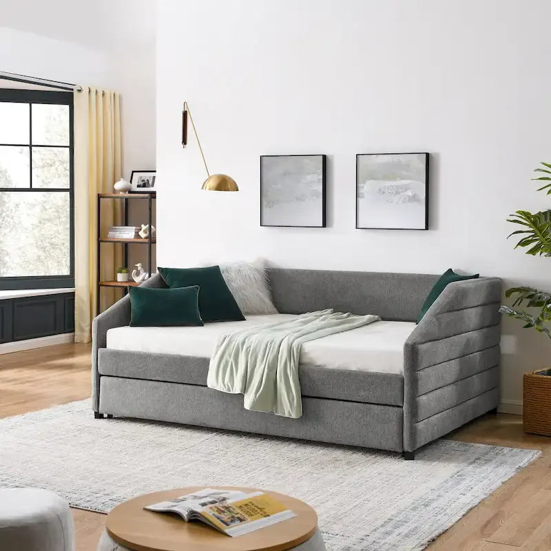 Full Size Daybed with Trundle Upholstered Tufted Sofa Bed, Linen Fabric(82.5x58x34)