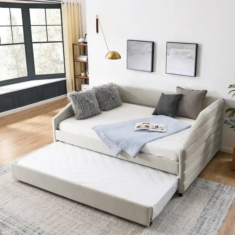 Full Size Daybed with Trundle Upholstered Tufted Sofa Bed, Linen Fabric(82.5x58x34)