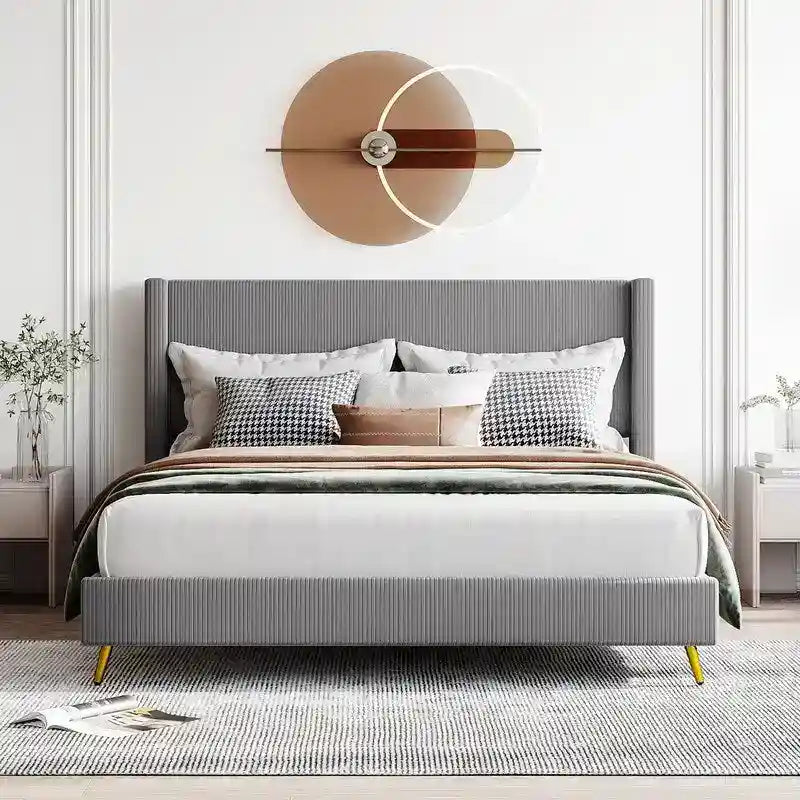 Queen Size Corduroy Platform Bed with Metal Legs