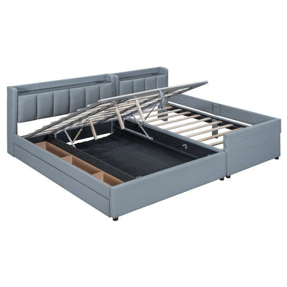 Queen Size & Twin XL Size Upholstered Platform Bed Mother & Child Bed Frame with Hydraulic Storage System