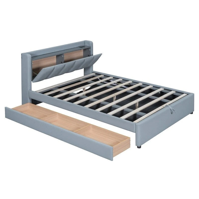 Queen Size & Twin XL Size Upholstered Platform Bed Mother & Child Bed Frame with Hydraulic Storage System
