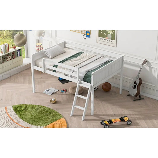 Full Size Wood Low Loft Bed with Ladder