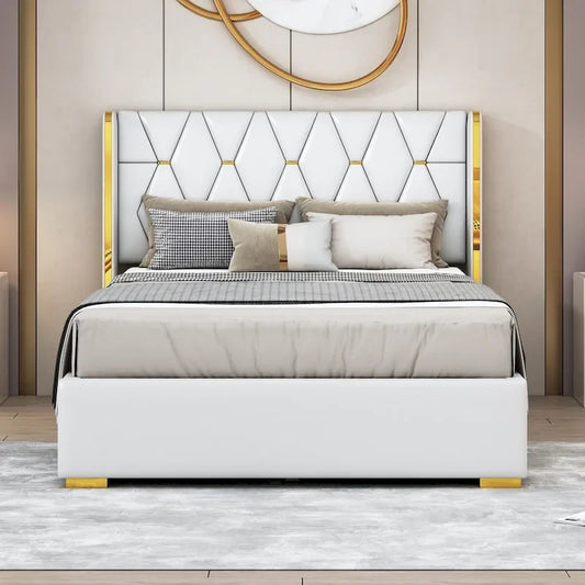 Full Size PU Upholstered Platform Bed with Metal Strips