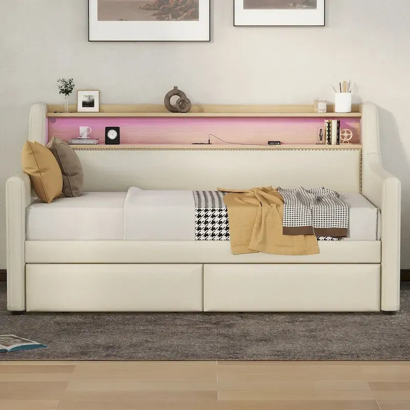 Upholstered Daybed with Storage Drawers, Charging Station and LED Lights