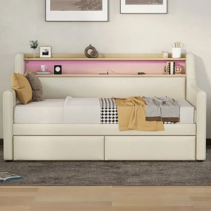 Upholstered Daybed with Storage Drawers, Charging Station and LED Lights
