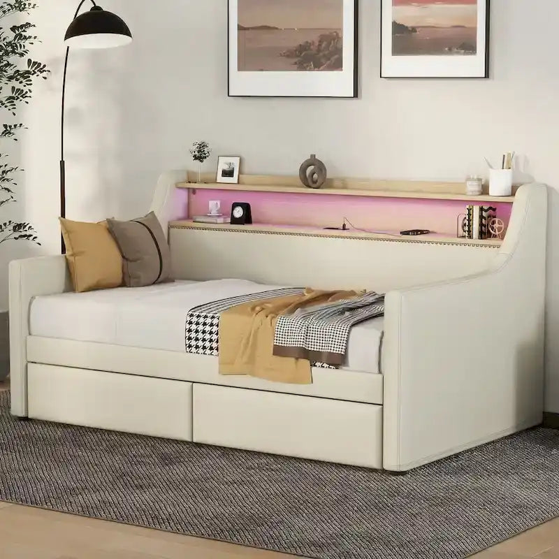 Upholstered Daybed with Storage Drawers, Charging Station and LED Lights