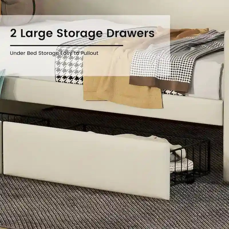 Upholstered Daybed with Storage Drawers, Charging Station and LED Lights