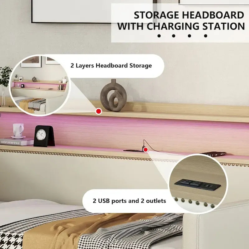 Upholstered Daybed with Storage Drawers, Charging Station and LED Lights