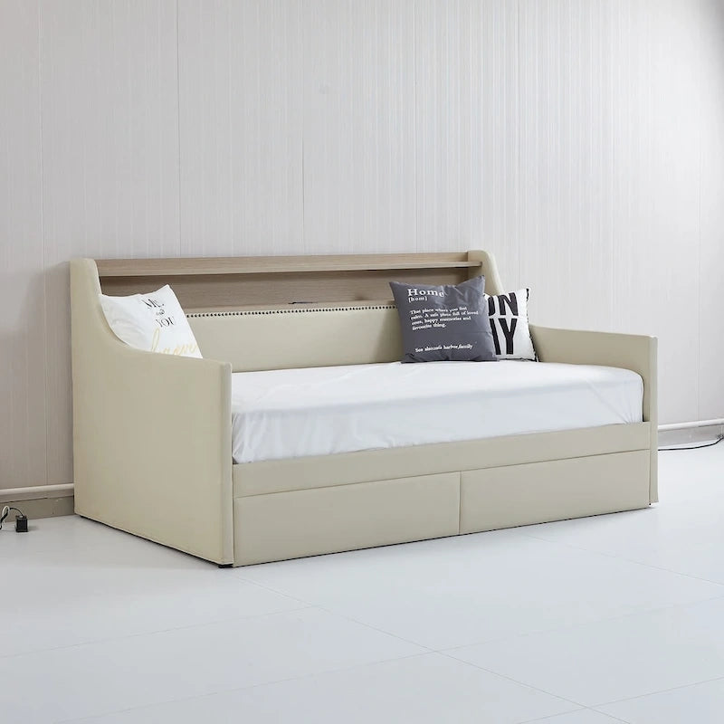 Upholstered Daybed with Storage Drawers, Charging Station and LED Lights