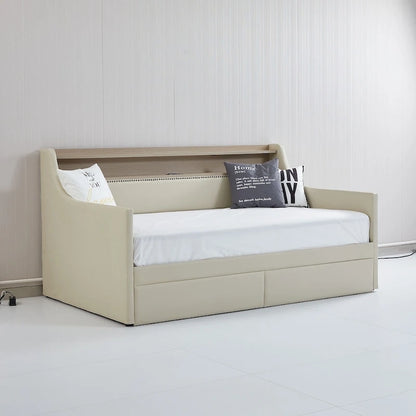 Upholstered Daybed with Storage Drawers, Charging Station and LED Lights