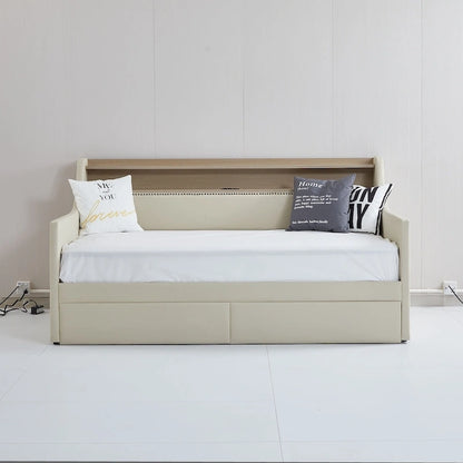 Upholstered Daybed with Storage Drawers, Charging Station and LED Lights