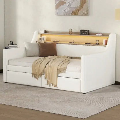 Upholstered Daybed with Storage Drawers, Charging Station and LED Lights
