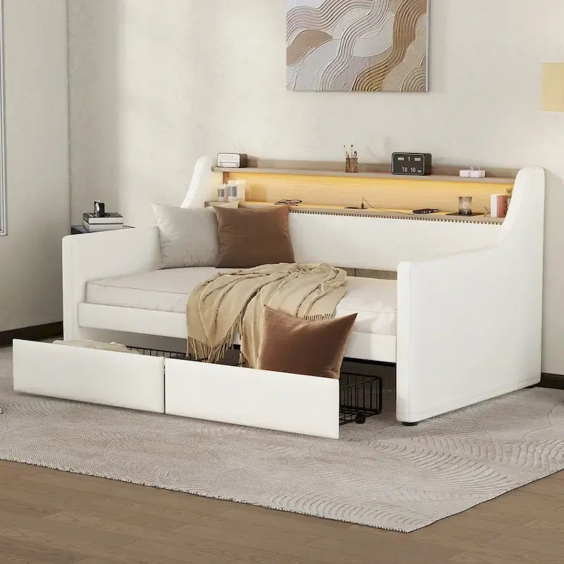 Upholstered Daybed with Storage Drawers, Charging Station and LED Lights