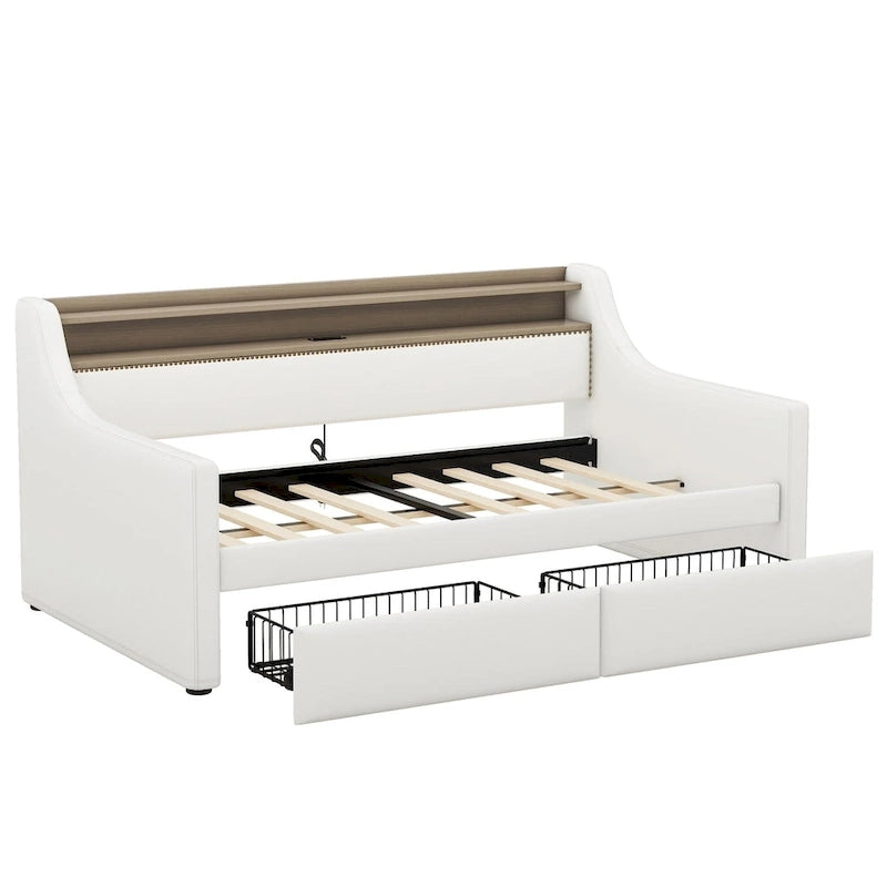 Upholstered Daybed with Storage Drawers, Charging Station and LED Lights