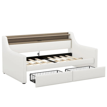 Upholstered Daybed with Storage Drawers, Charging Station and LED Lights