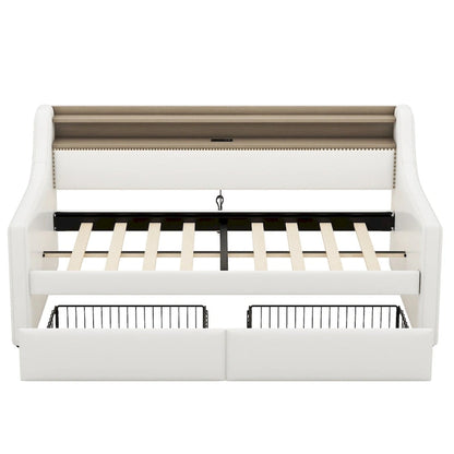 Upholstered Daybed with Storage Drawers, Charging Station and LED Lights