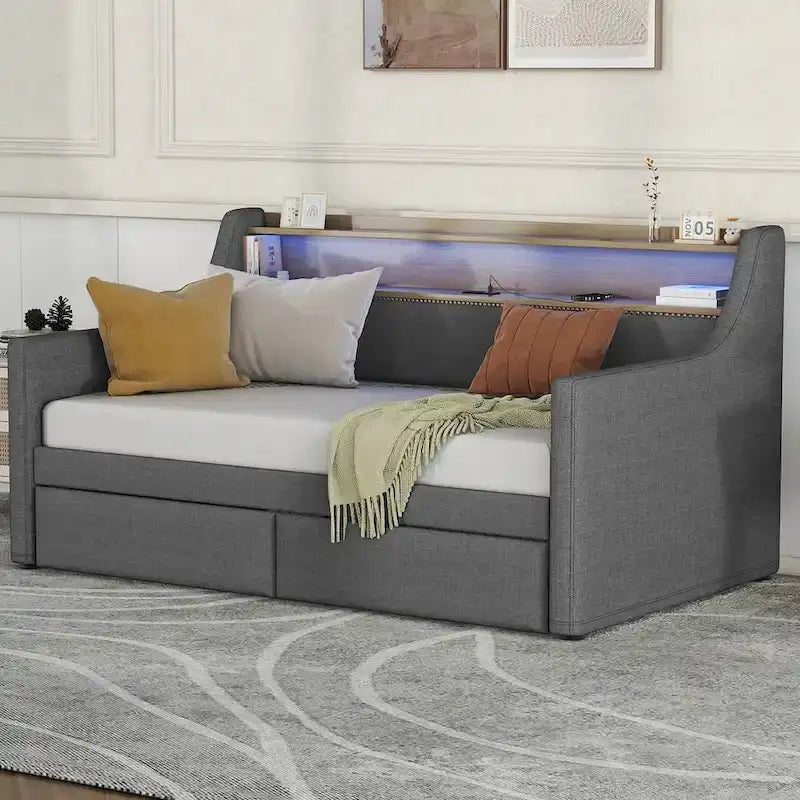Upholstered Daybed with Storage Drawers, Charging Station and LED Lights