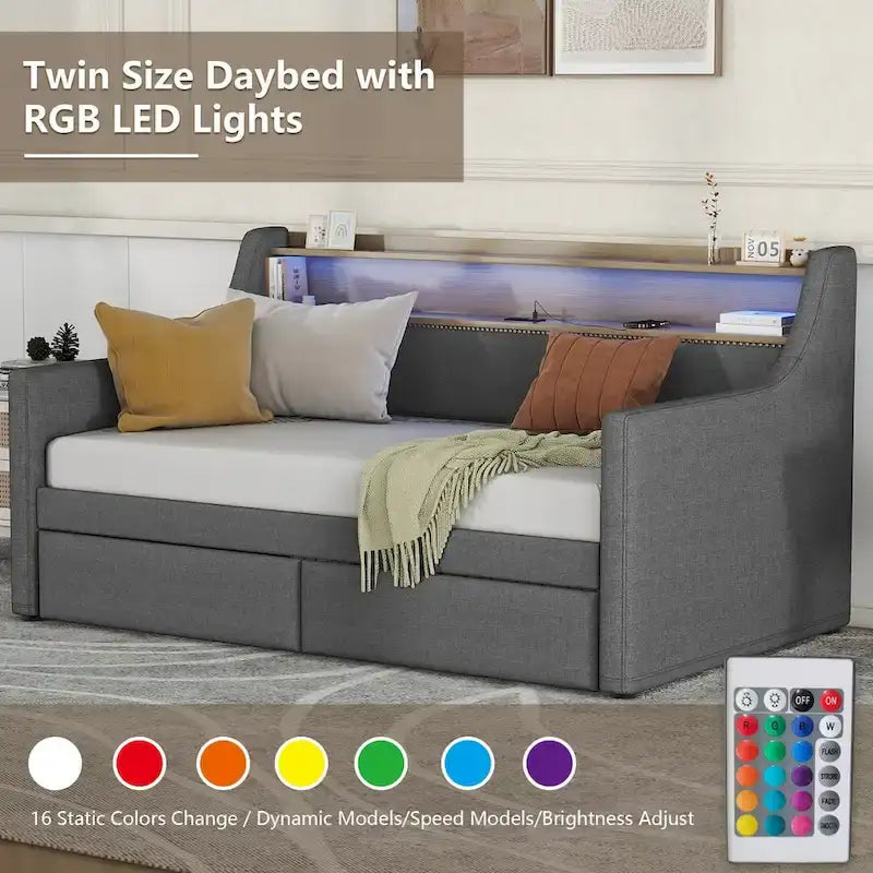 Upholstered Daybed with Storage Drawers, Charging Station and LED Lights