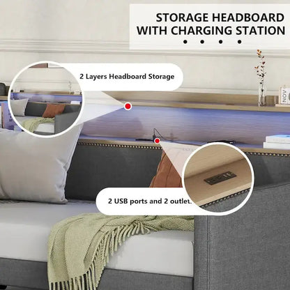 Upholstered Daybed with Storage Drawers, Charging Station and LED Lights