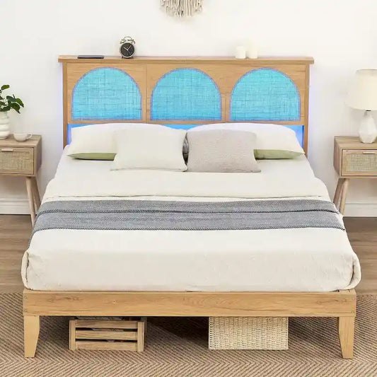 Bed Frame with Natural Rattan Headboard