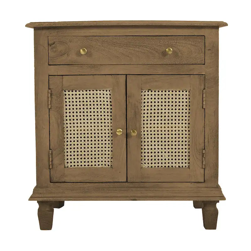 30 Inch Nightstand Table, Rattan Cabinet Doors and Drawer Fronts, Sandblasted Brown Mango Wood