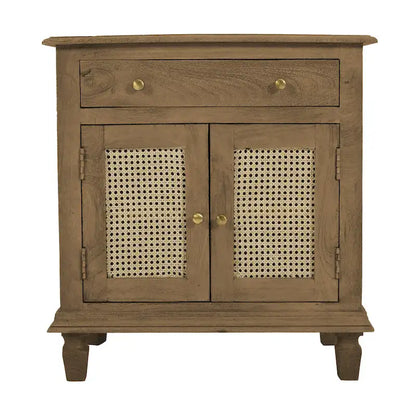 30 Inch Nightstand Table, Rattan Cabinet Doors and Drawer Fronts, Sandblasted Brown Mango Wood