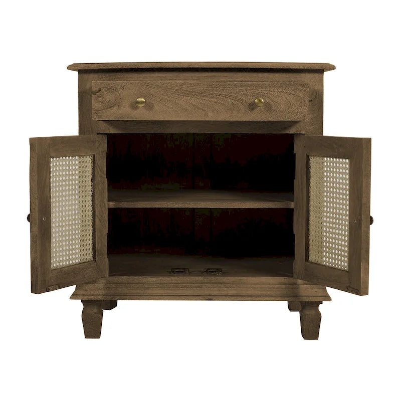 30 Inch Nightstand Table, Rattan Cabinet Doors and Drawer Fronts, Sandblasted Brown Mango Wood