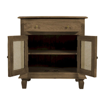 30 Inch Nightstand Table, Rattan Cabinet Doors and Drawer Fronts, Sandblasted Brown Mango Wood